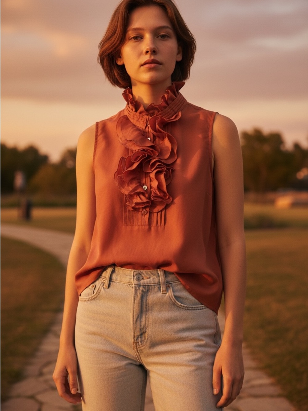 J. Crew Sleeveless Ruffle-Front Blouse in Rust